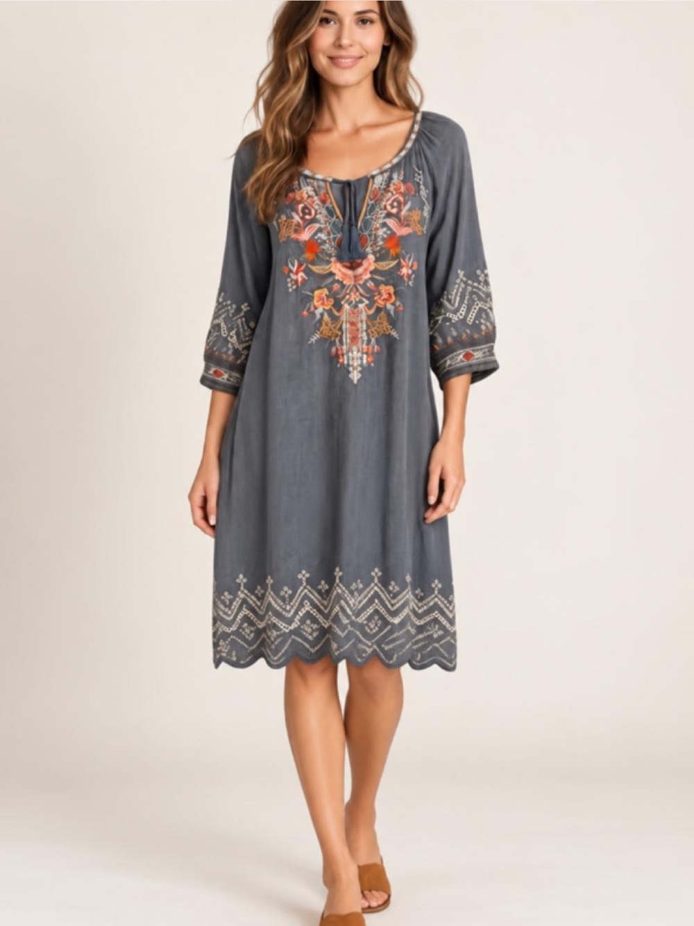 Johnny Was Workshop blue/gray Embroidered Tunic Dress — Size L